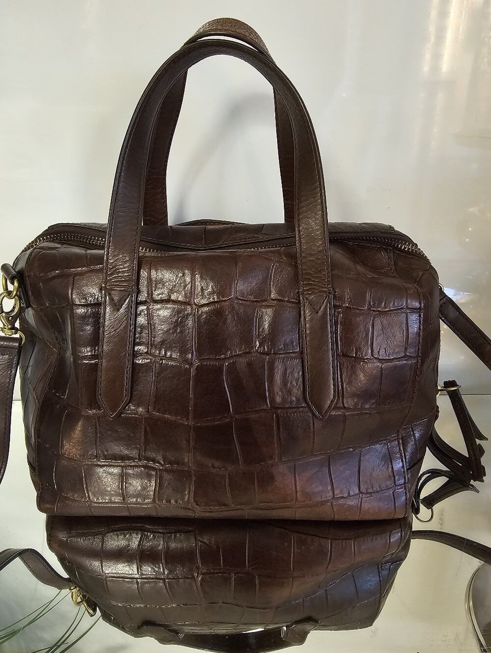 Fossil Sydney  Dark Brown Croc-Embossed Leather Satchel - Picture 9 of 12